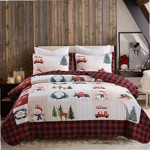 3 Piece Christmas Quilt Set Santa Claus Snowflake Snowman Bedspread Quilt Set