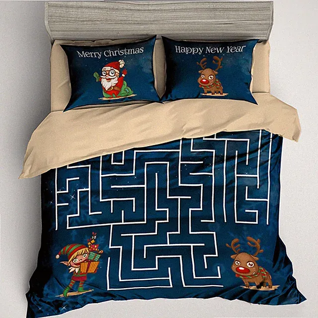3D Maze Santa Claus Pattern Blue Quilt Cover Set Bedding Sets Pillowcases 64