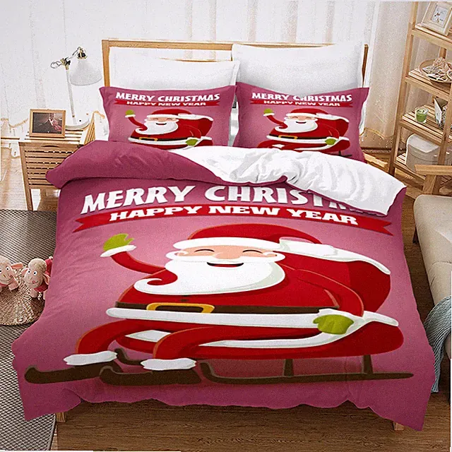 3D Santa Claus Cartoon Pink Quilt Cover Set Bedding Sets Pillowcases