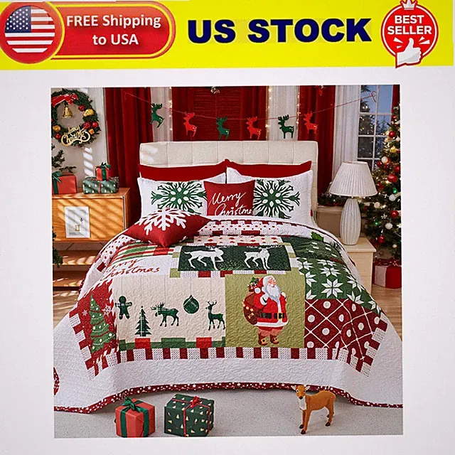 5-Piece Christmas Quilt Set,Queen Size Xmas Tree Reindeer Santa Claus Pattern Ch