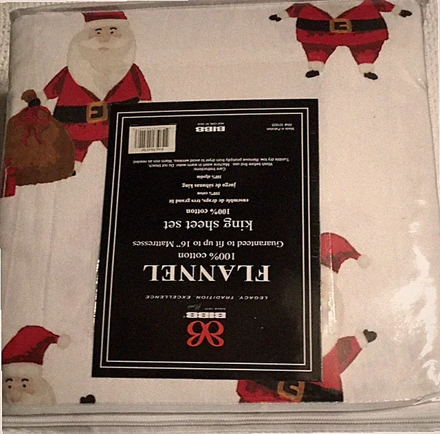 BIBB SANTA CLAUSE CHRISTMAS DESIGN FLANNEL KING SHEET SET 100% Cotton NWT