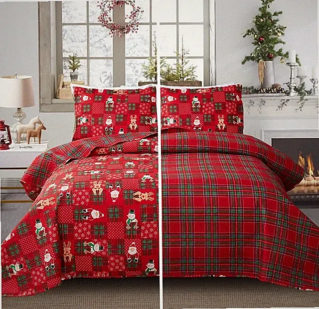Christmas Bedspread Quilt Sets Queen Size Reversible Santa Claus Snowman