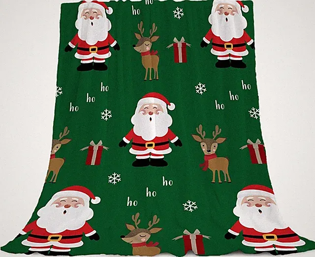 Christmas Decorative Throw Blanket Queen Size Green Santa Claus Blanket for Bed