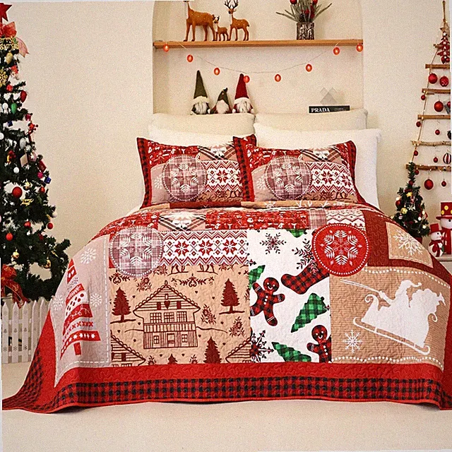 Christmas Quilt Bedding Set King Size,Christmas Snowflakes Santa Claus Patter...