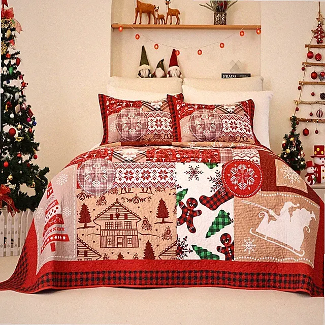 Christmas Quilt Bedding Set King Size,Christmas Snowflakes Santa Claus Pattern P