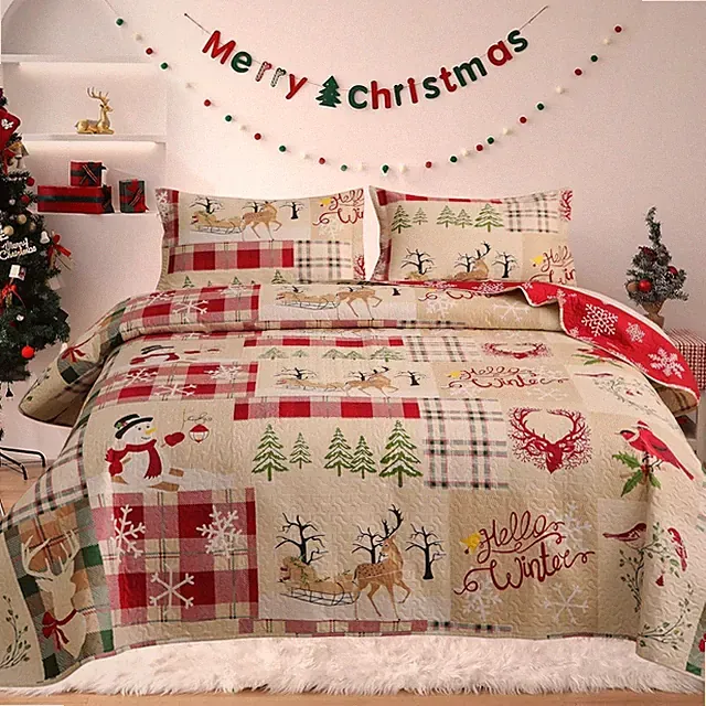 Christmas Quilt Set/Full Size,Xmas 3 Pieces Snowman Bedding Queen Snow Deer