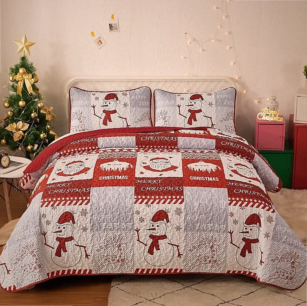 Christmas Quilt Set King Size Red Printed Quilt Santa Claus Snowman Bedspread