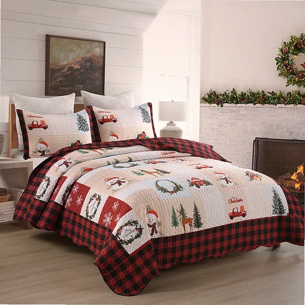 Christmas Quilt Set Red Printed Quilt Santa Claus Bedspread Snowflake Snowman