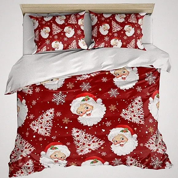 Christmas Santa Claus Snowflakes Trees Queen Duvet Cover Set Bedding Red