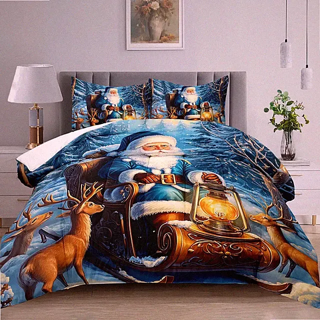 Christmas Twin Bedding Set: Santa Claus Decor, Holiday Winter Quilt & Reindeer