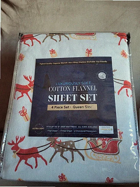 Flannel Sheet Set Holiday-Santa Sleigh Ultra Soft 15-inch-deep pocket QUEEN 4 pc