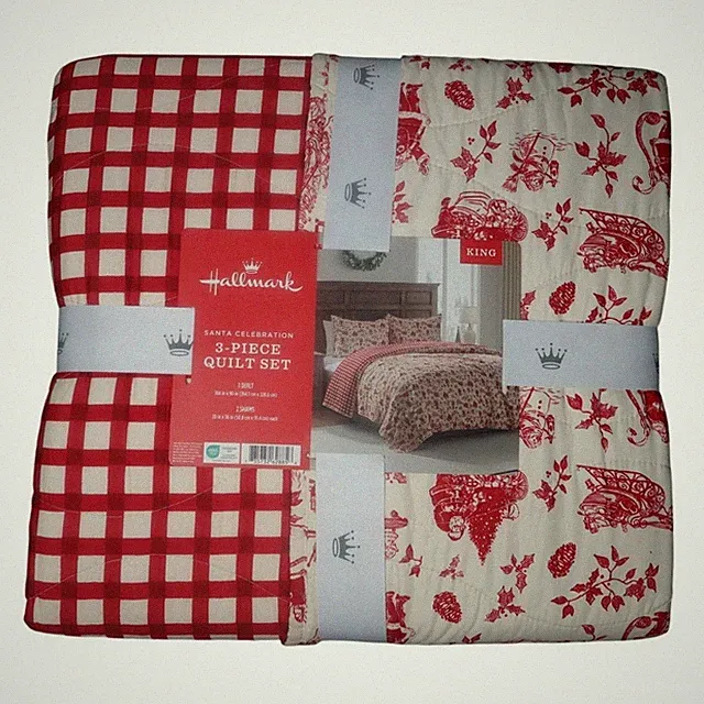 Hallmark Santa Celebration 3-Piece King Quilt Set – Red/White Reversible New