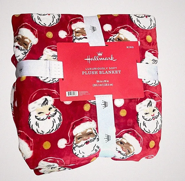 Hallmark Super Soft Plush Blanket Red Santa Claus Size King 106" X 90" NEW