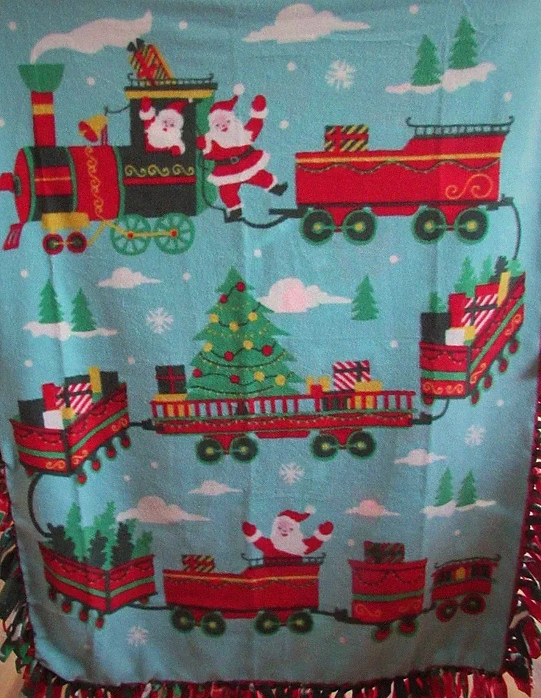 Handmade Tie Soft Fleece Throw Blanket Holiday Santa Claus Christmas Trains NWOT