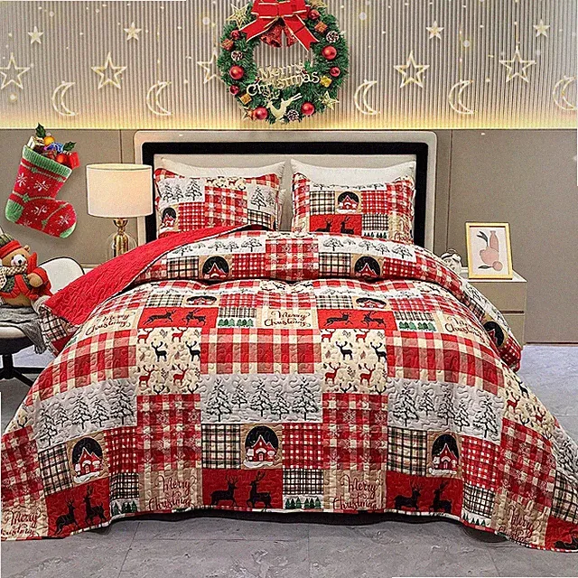 King Size Christmas Quilt Set Red Xmas Tree Snowflake Reindeer Lodge Cabin Qu...