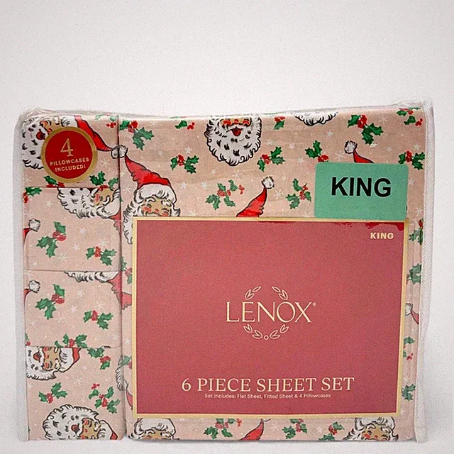 Lenox Vintage Style Santa Claus Face Holly Pink Christmas 6 Piece Sheet Set KING