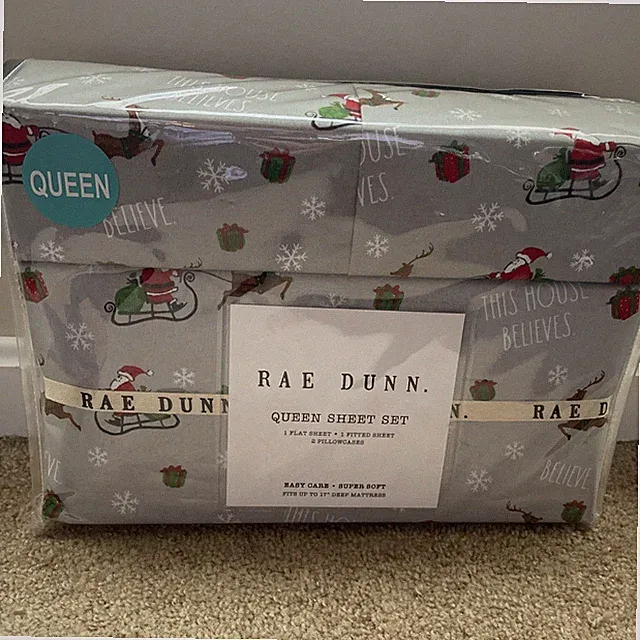 New Rae Dunn Christmas Santa Claus Sleigh Reindeer QUEEN Sheet Set Grey