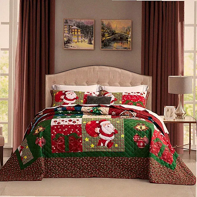 Oversized King Size Christmas Bedspread Set - Santa & Lodge Patterns, 3 Piece