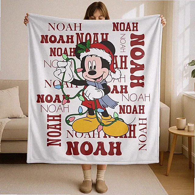 Personalized Disney Mickey Mouse Santa Claus Christmas Light Cozy Fleece Blanket