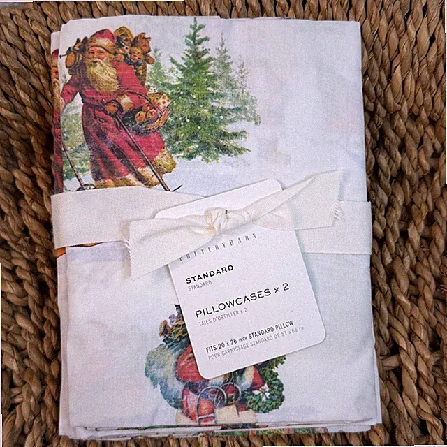POTTERY BARN NOSTALGIC SANTA PILLOWCASES SET 2 STANDARD COTTON PERCALE CHRISTMAS