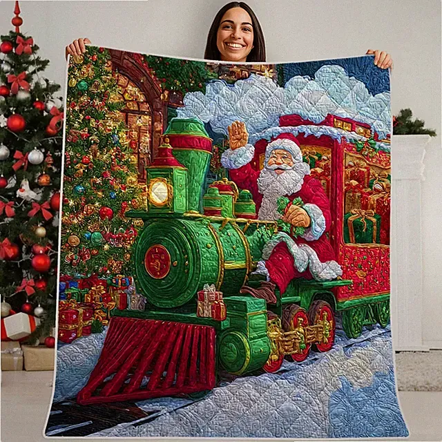 Quilted Christmas Blanket Santa Riding Train Holiday Winter Quilt Throw Gift