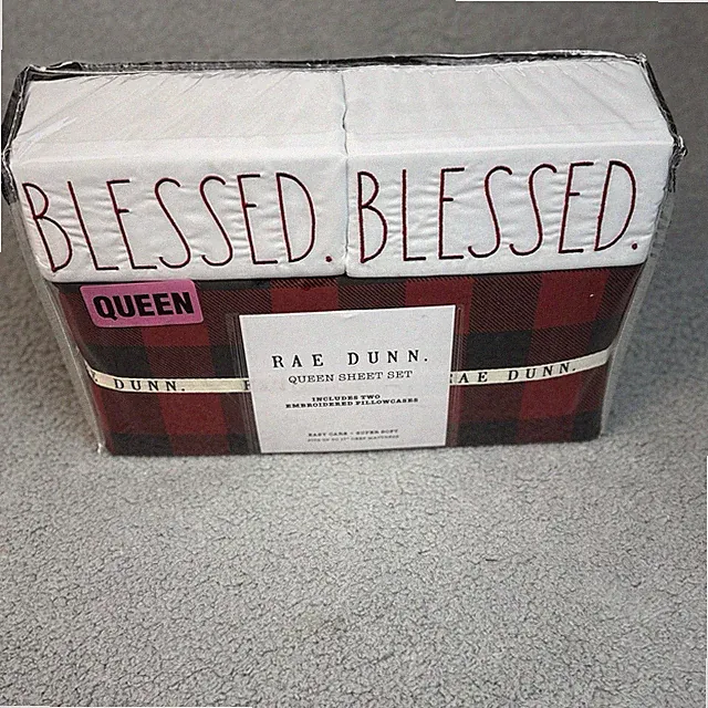 Rae Dunn Christmas Sheet Set BLESSED Plaid Red Black Queen Set NEW