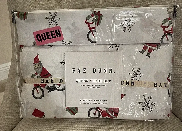 Rae Dunn ~SANTA CLAUS~ QUEEN SHEET SET ~ CHRISTMAS Bike SNOWFLAKE Holiday Bed