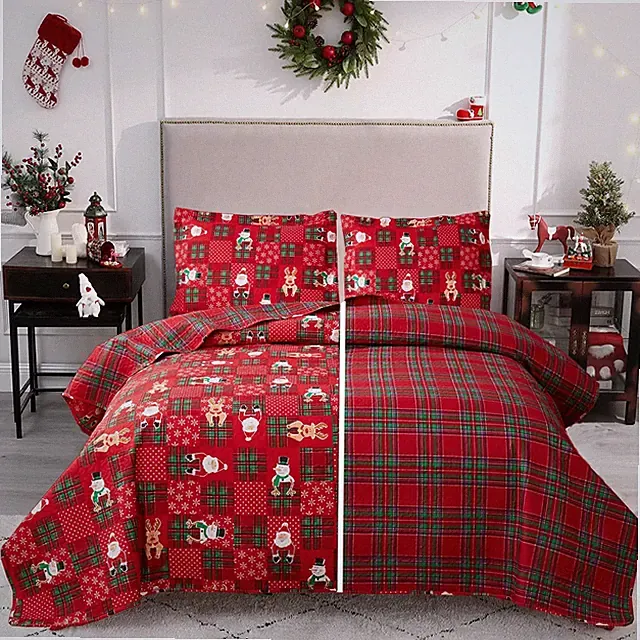 Red Green Plaid Pattern Merry Christmas Quilt Set King Size Snowmen Santa Cla...