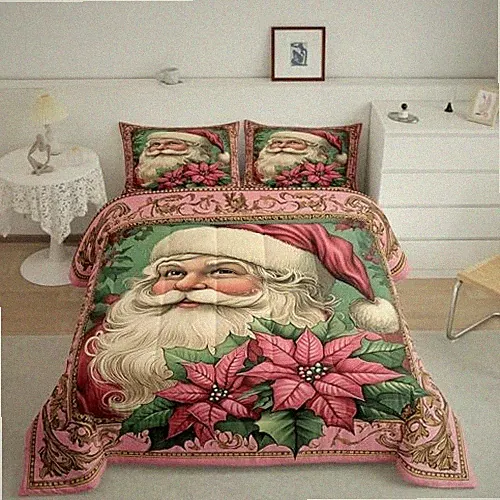 Santa Claus Bed Comforter Set Size,Christmas Flower Super Soft Queen Retro Red