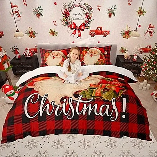 Santa Claus Bedding Set Black and Red Square Full 80"x90" Christmas 04