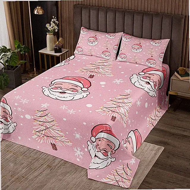 Santa Claus Bedspread Set Queen Size for ,Boys Girls Pink Christmas Tree Quil...