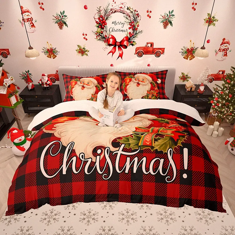 Santa Claus Duvet Cover Black and Red Square Bedding Set Merry Christmas Comf...