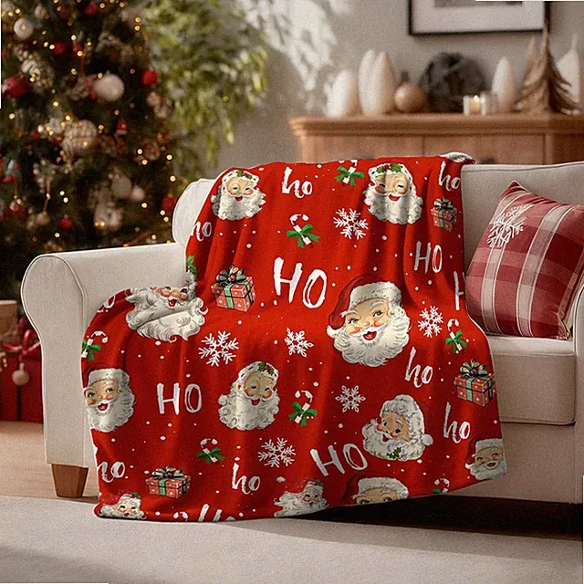 Santa Claus Fuzzy Christmas Blanket, Winter Snowflake Holiday Flannel Throw