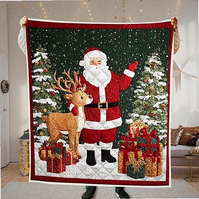 Santa Claus & Reindeer Quilted Blanket, Christmas Quilt Throw Cozy Holiday Decor