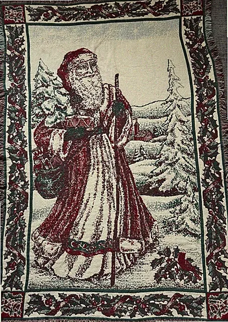 Santa Claus Tapestry FATHER CHRISTMAS Fringed 100% Cotton 67"x46" Throw Blanket
