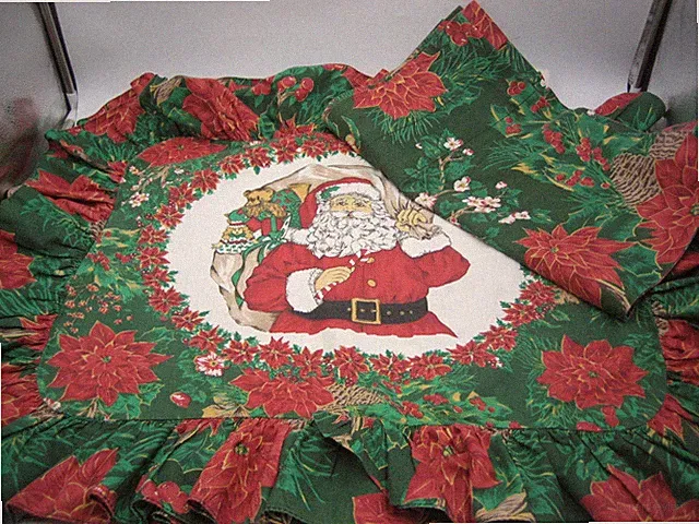 Vintage Christmas Bed Pillow Shams 2 w/ Ruffle + Window Valence Holly Poinsettia